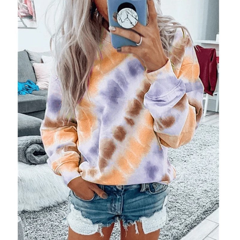 Tie-Dye Printing Long-Sleeved Top with Loose Round Neck
