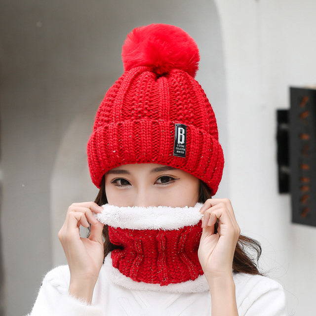 Women's Thick Knitted Winter Cap and Scarf Set